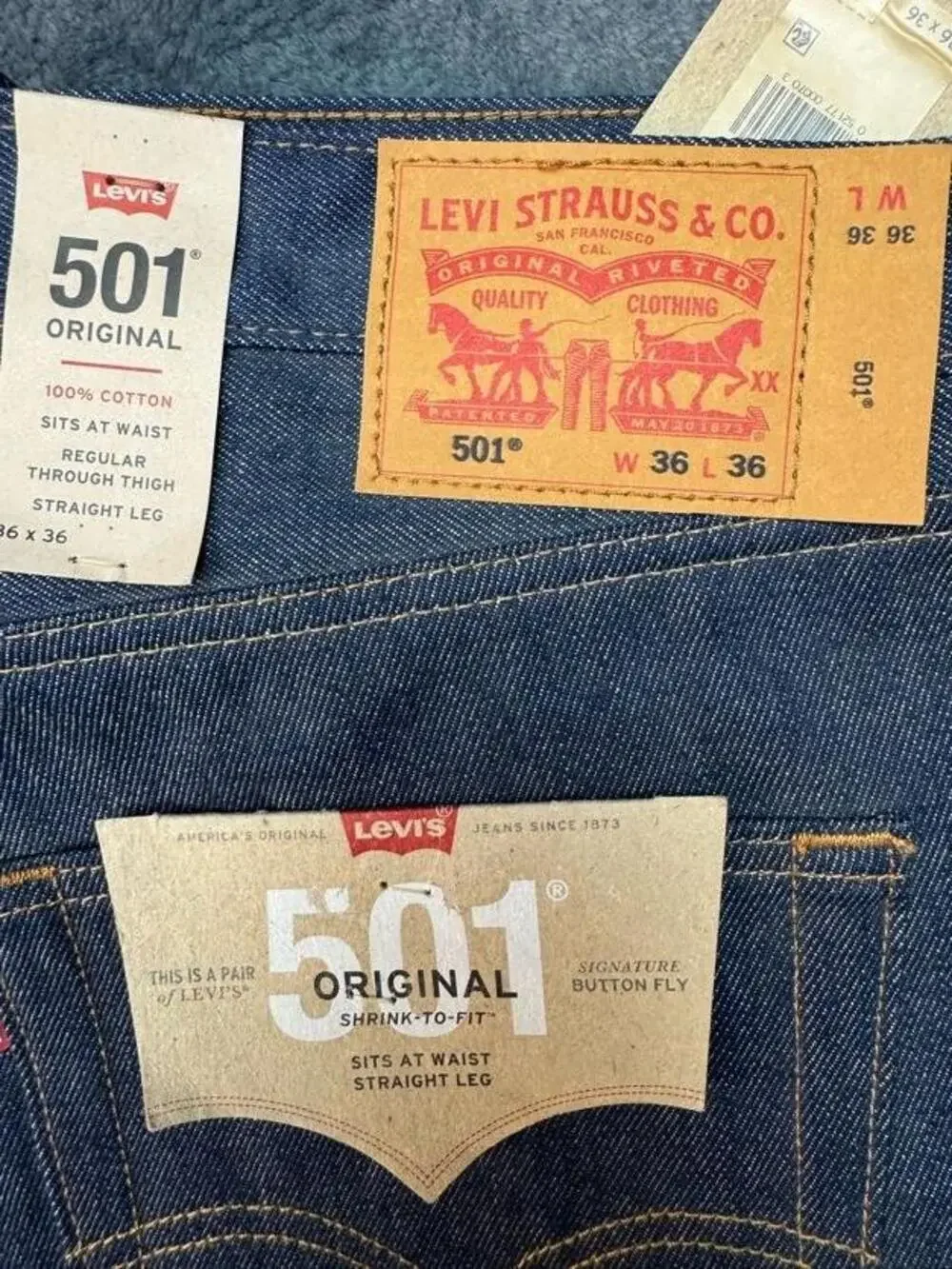 Levi's 501 Original Jeans Mens 36x36 Blue Raw Denim Shrink-To-Fit Button Fly